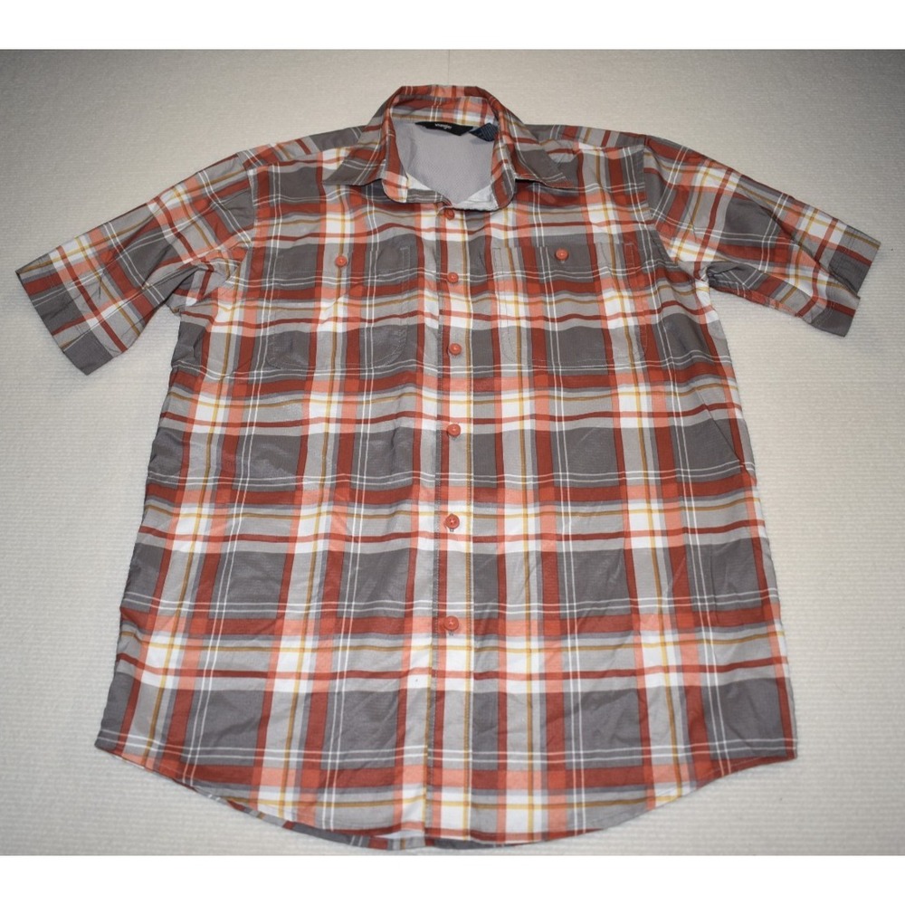 Wrangler Shirt Mens Small Orange Gray Plaid Short Sleeve Button Up